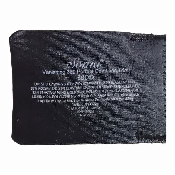 SOMA Black Boudoir Bra Vanishing 360 Perfect Coverage Sexy Lace Trim Size 38DD - Picture 5 of 6